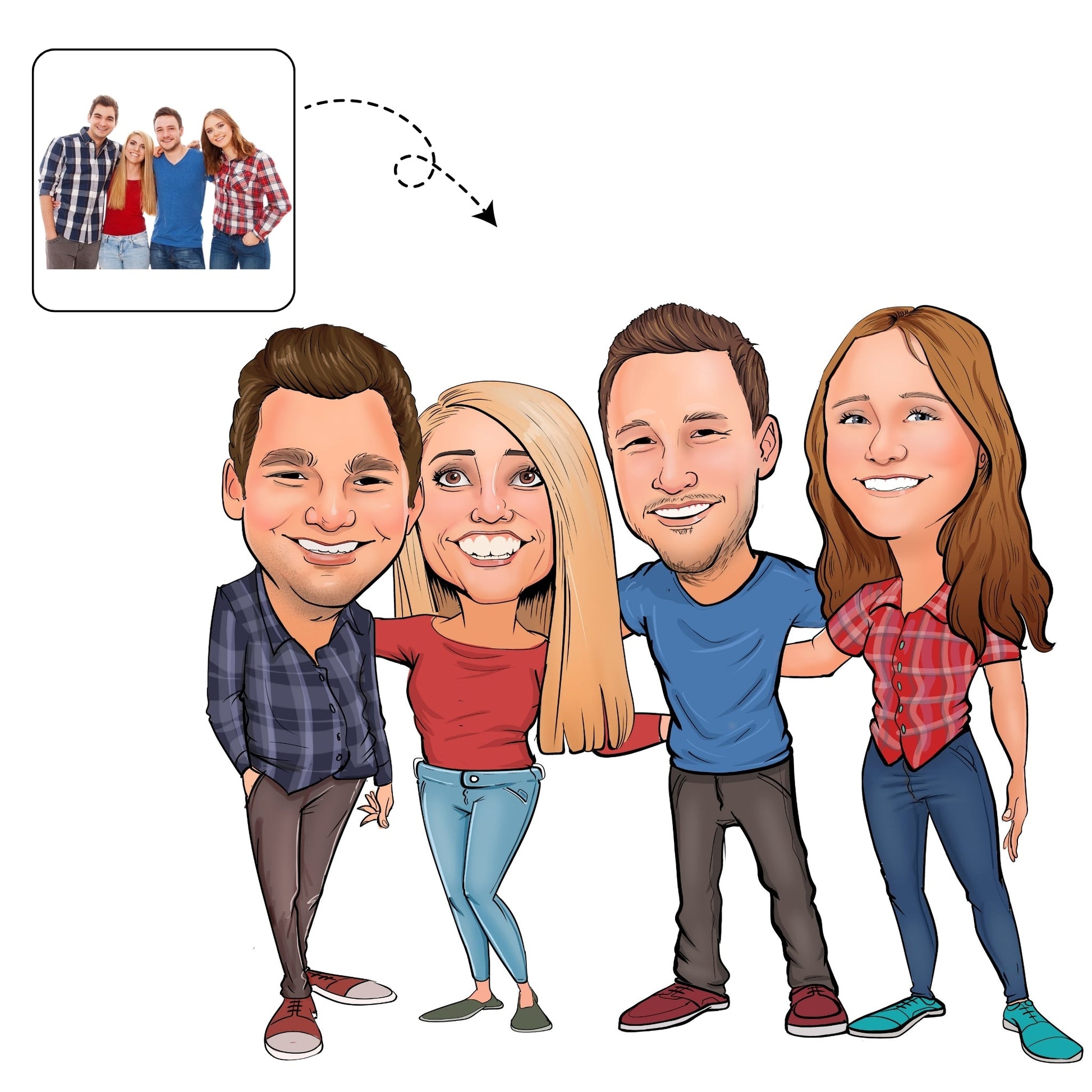 Handgetekende karikatuur die een hele vriendengroep samenbrengt, perfect als afstudeercadeau of voor een reünie.