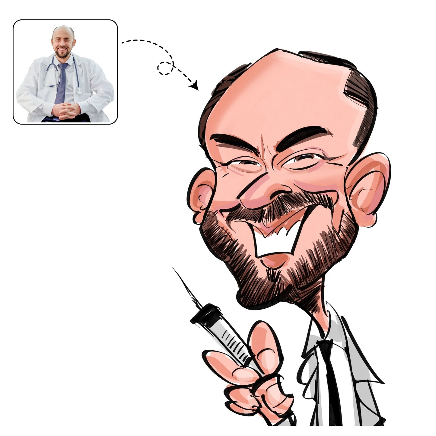 Handgetekende, respectvolle karikatuur van een arts met stethoscoop, een uniek bedankje voor een zorgverlener.