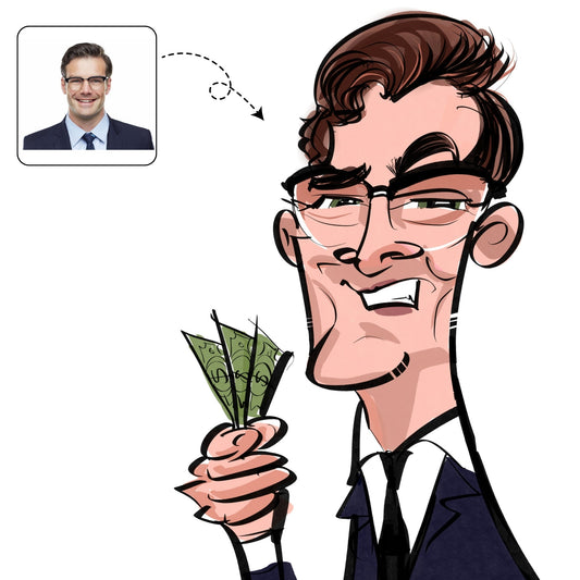 Professionele karikatuur met een knipoog van een bankier of financieel adviseur, perfect voor een jubileum of promotie.