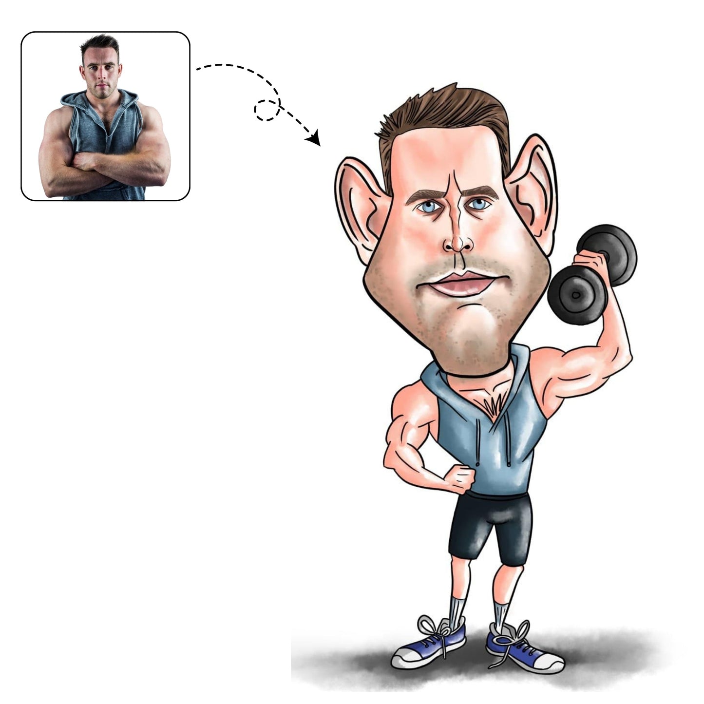 Krachtige, handgetekende karikatuur van iemand in de sportschool, een motiverend cadeau voor een gym lover.