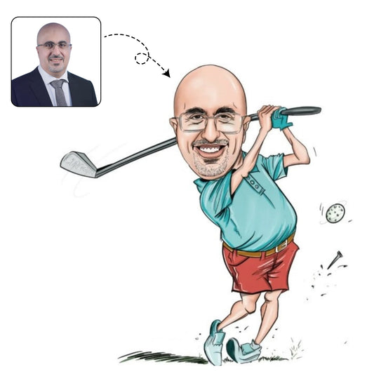  Handgetekende karikatuur van een man op de golfbaan, midden in een perfecte swing.