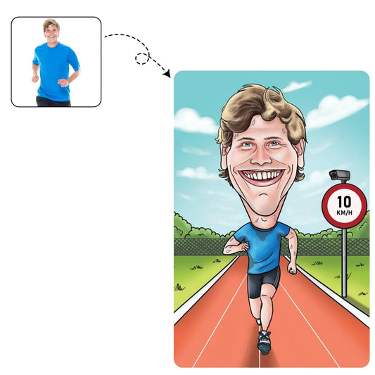 Dynamische, handgetekende karikatuur van een hardloper in actie, een motiverend cadeau voor na een marathon.