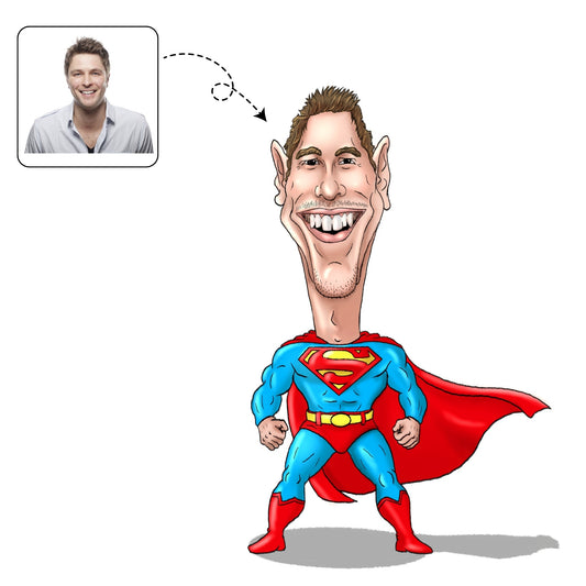 Lieve, handgetekende karikatuur van een vader als superheld, het perfecte cadeau om te laten zien dat hij je held is.