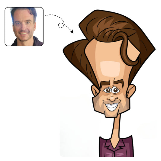 Handgetekende karikatuur van een trotse, jonge vader met zijn kind, een lief cadeau voor zijn eerste Vaderdag.