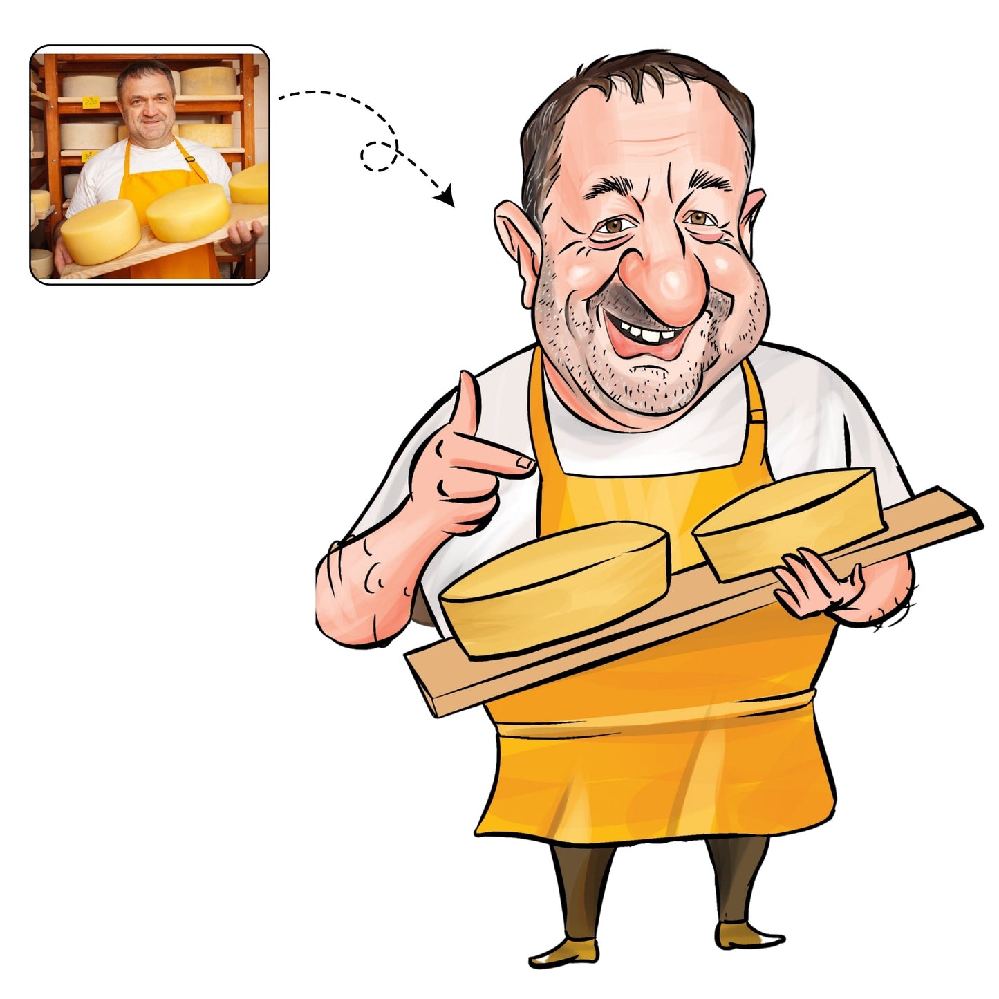 Ambachtelijke, handgetekende karikatuur van een kaasmaker met een groot stuk kaas, een uniek cadeau.