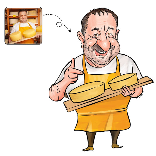 Ambachtelijke, handgetekende karikatuur van een kaasmaker met een groot stuk kaas, een uniek cadeau.