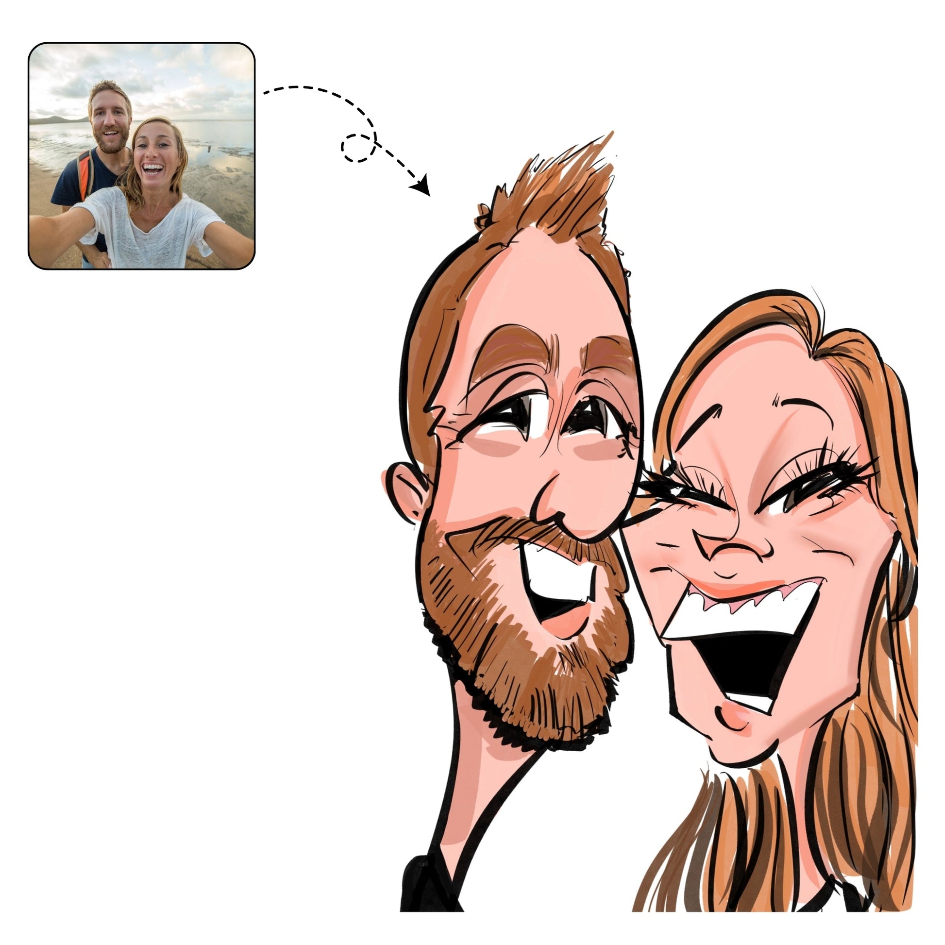 Hartverwarmende karikatuur die de oprechte lach van een verliefd koppel vastlegt, een persoonlijk jubileumcadeau.