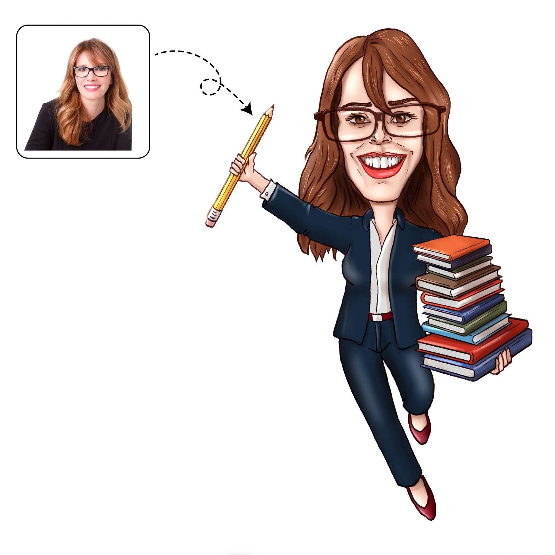 Lieve, handgetekende karikatuur van een leraar voor de klas, een perfect groepscadeau van de leerlingen.