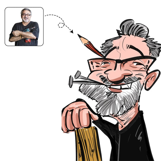 Handgetekende, stoere karikatuur van een timmerman met zijn gereedschap, een uniek cadeau voor de handige man.