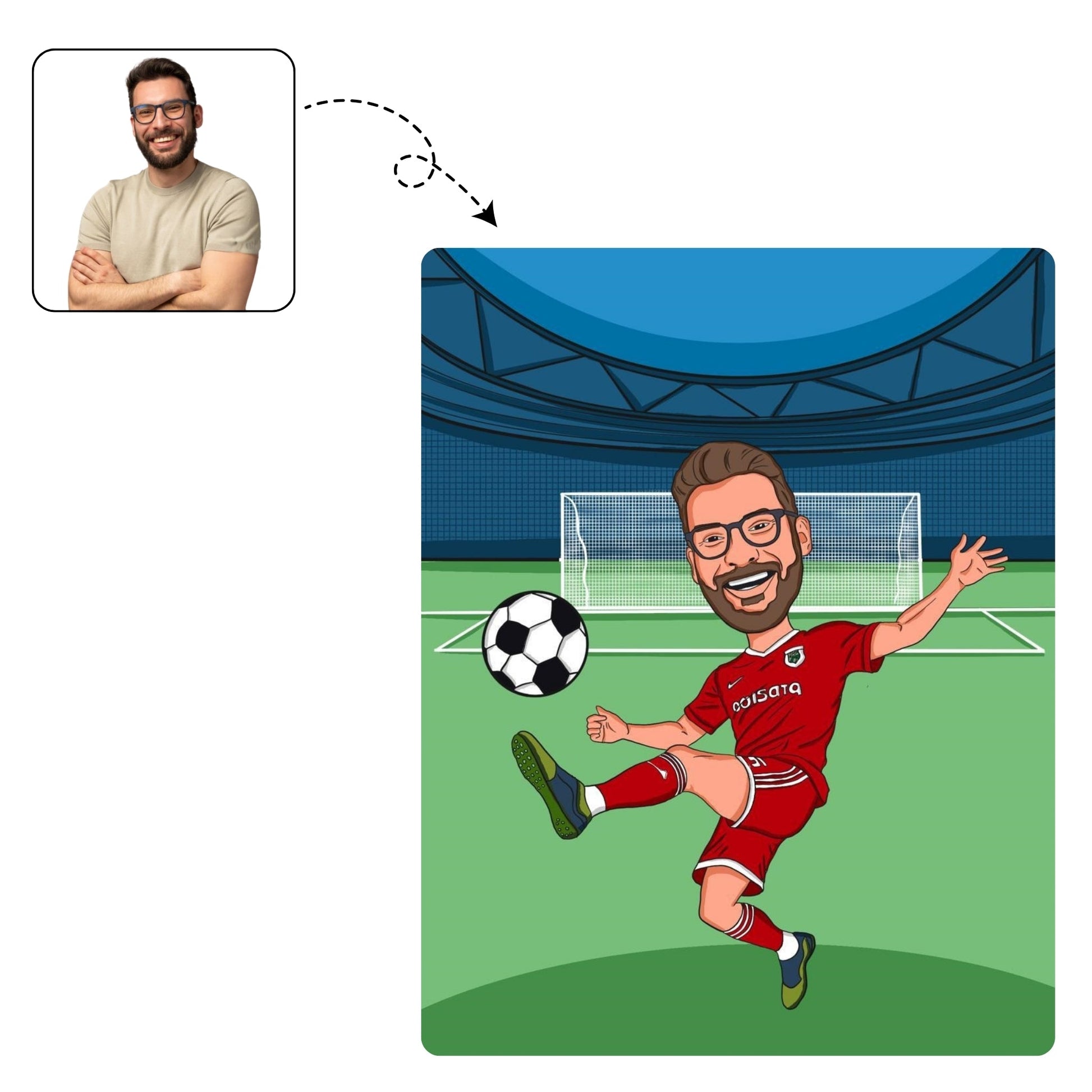 Sportieve, handgetekende karikatuur van een voetballer in het tenue van zijn favoriete club, een uniek cadeau.