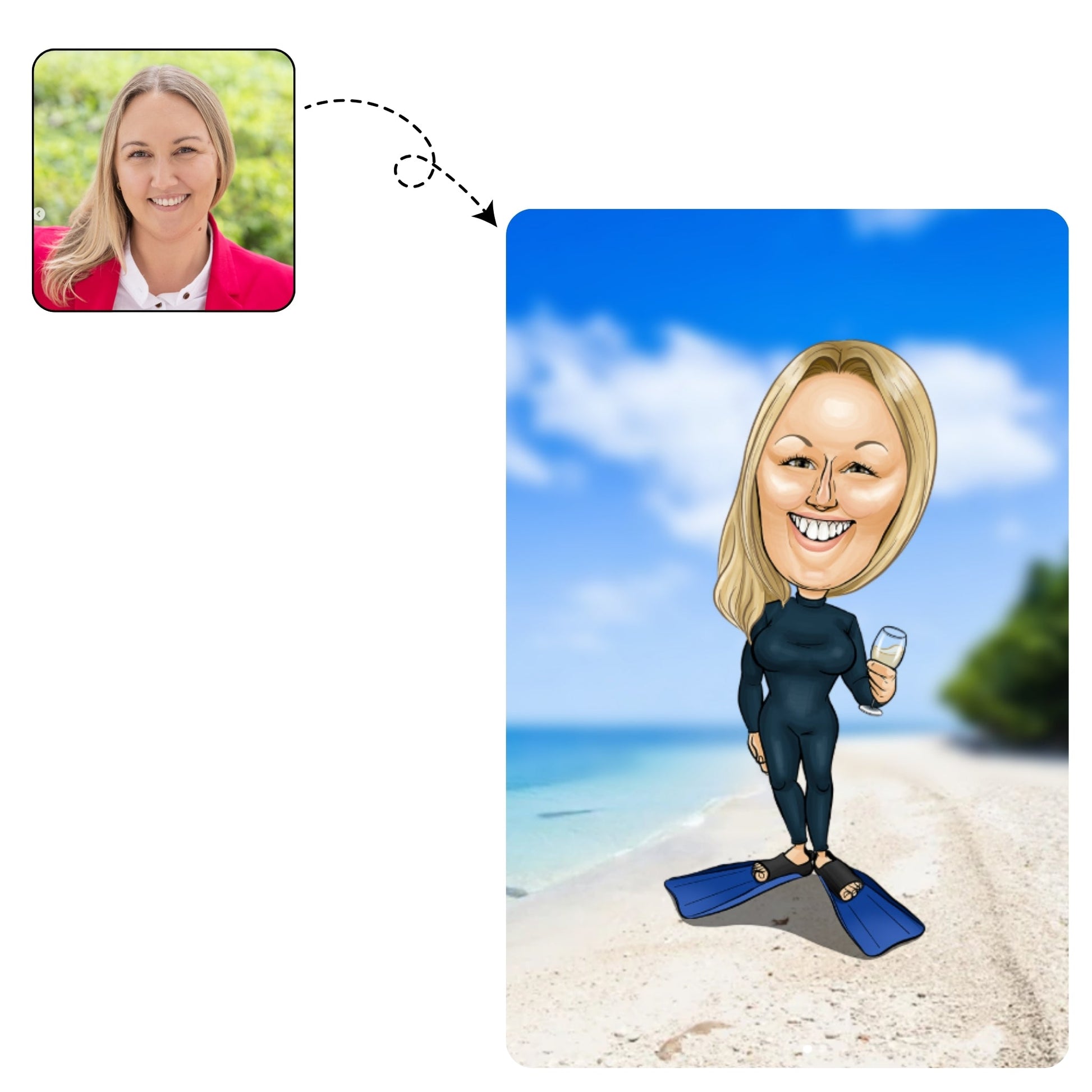 Zomerse, handgetekende karikatuur van een vrouw die geniet van de zee, een cadeau voor de zwemliefhebster.