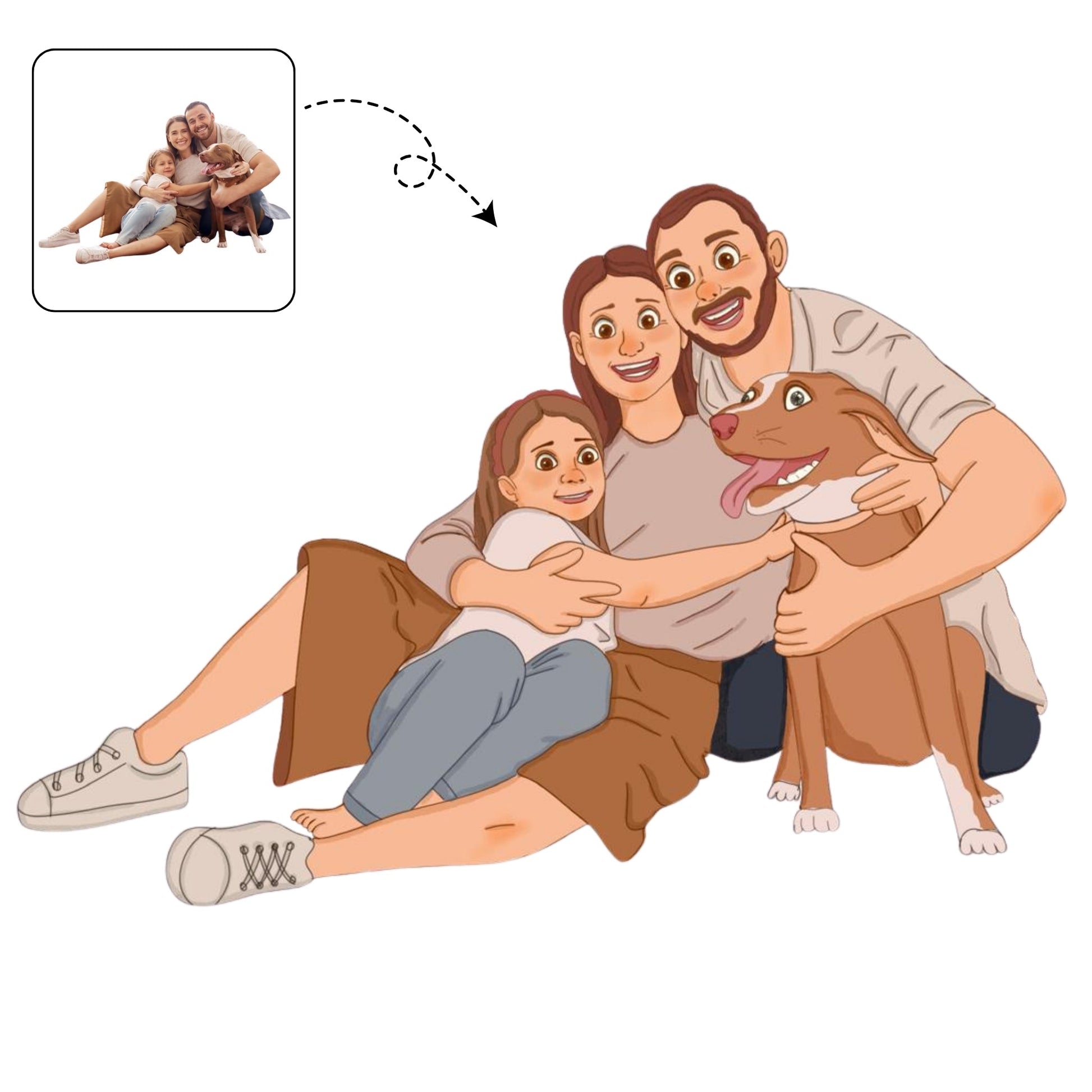 Liefdevolle, handgetekende karikatuur van een compleet gezin inclusief hond, een hartverwarmend cadeau.