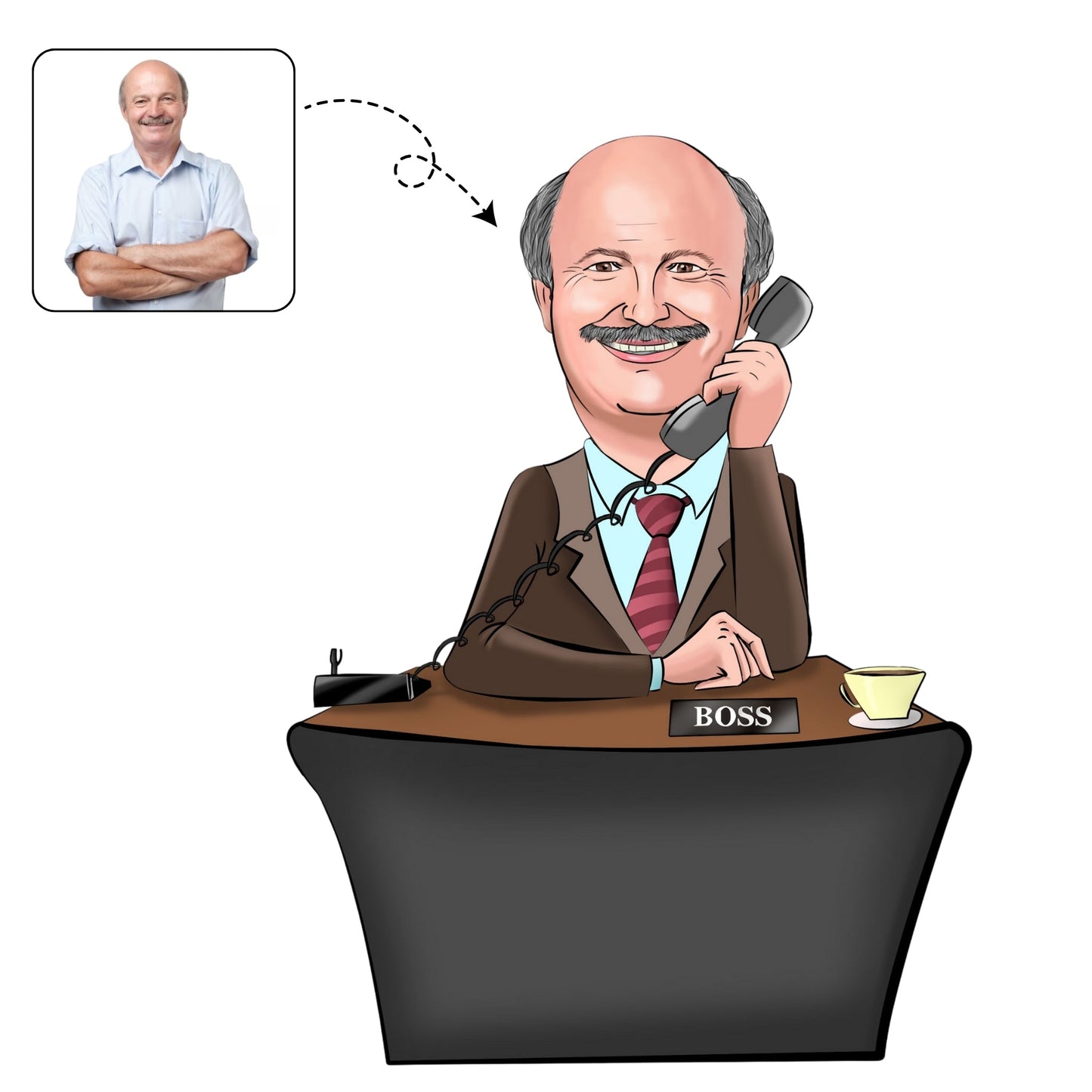 Professionele, handgetekende karikatuur van een manager op kantoor om een promotie of nieuwe baan te vieren.