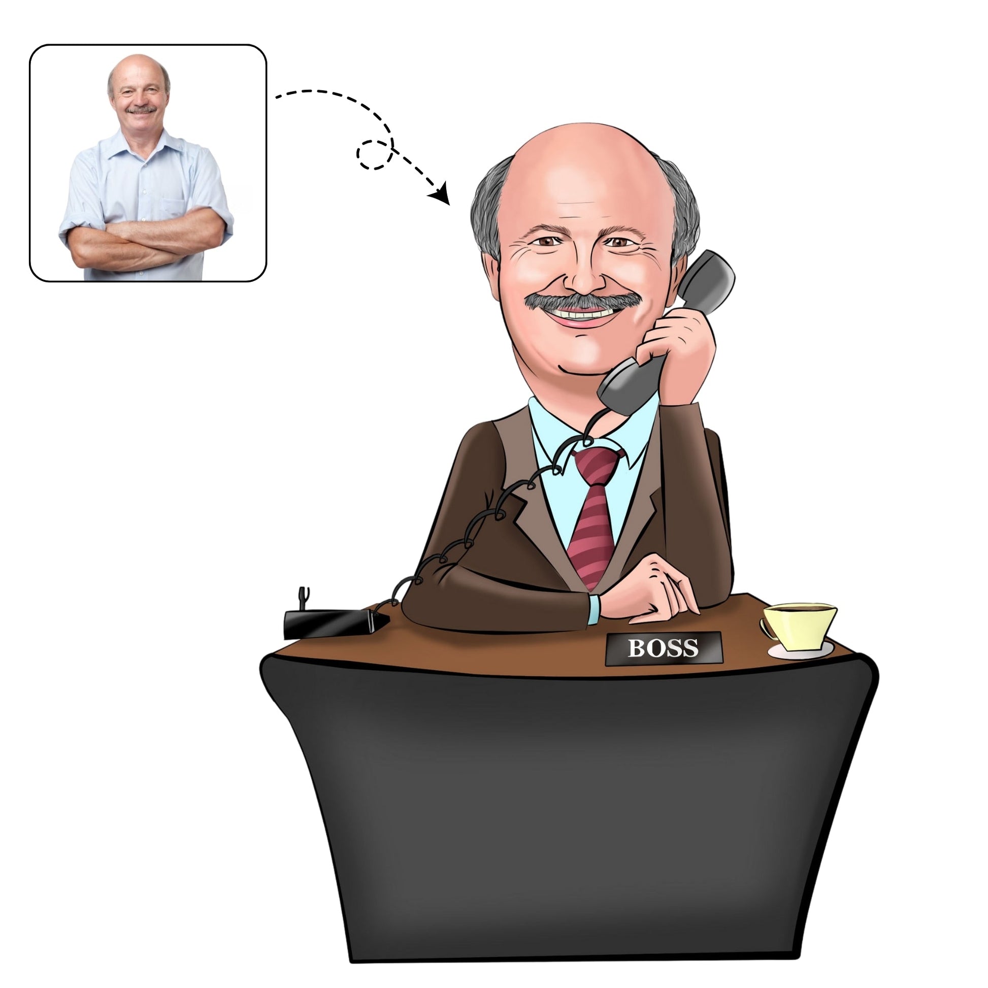 Professionele, handgetekende karikatuur van een manager op kantoor om een promotie of nieuwe baan te vieren.