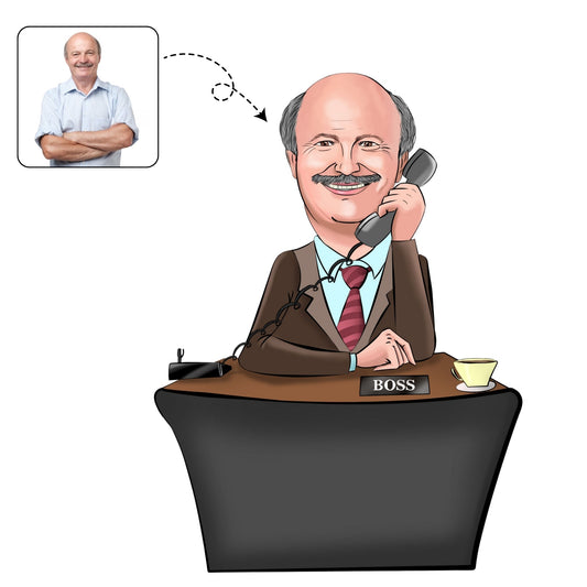 Professionele, handgetekende karikatuur van een manager op kantoor om een promotie of nieuwe baan te vieren.