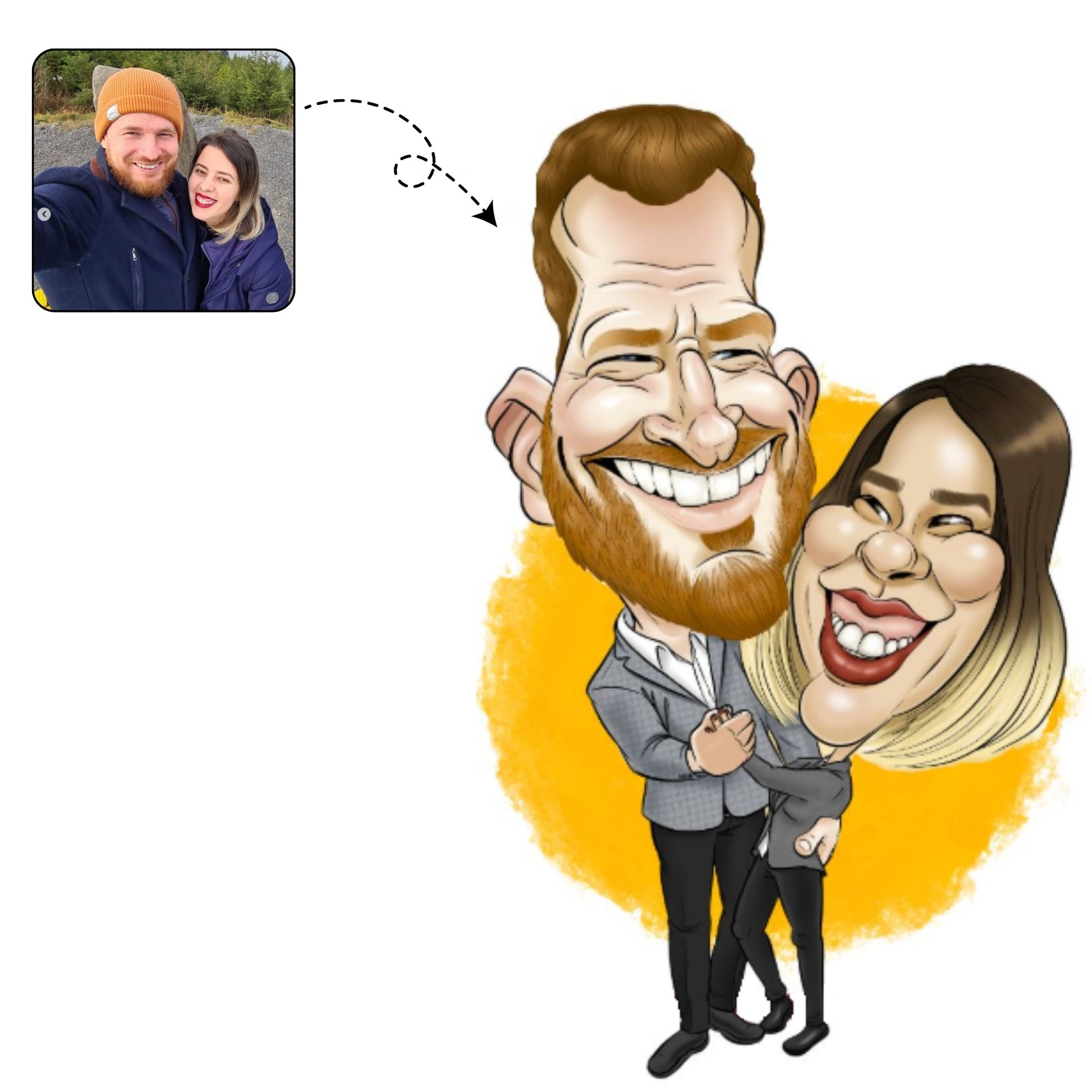 Handgetekende, romantische karikatuur die de speciale band en liefde tussen een echtpaar viert.