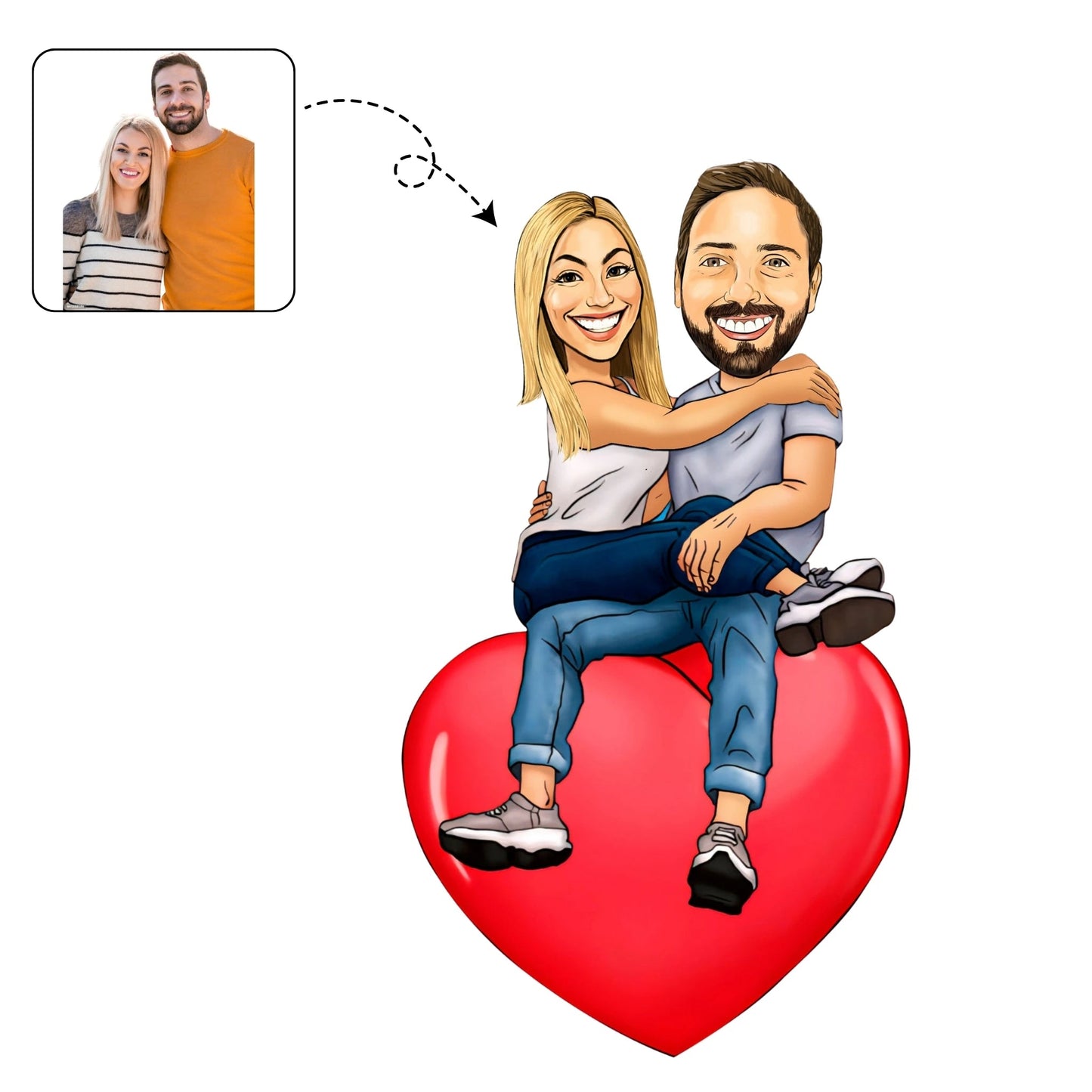 Handgetekende, romantische karikatuur van een verliefd stel zittend op een groot rood hart.