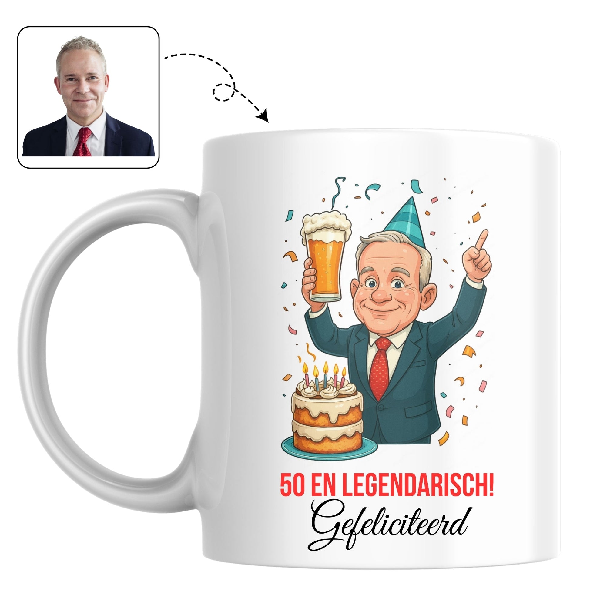 Verjaardagsmok voor een man die 50 wordt, bedrukt met een karikatuur die zijn mijlpaal viert.