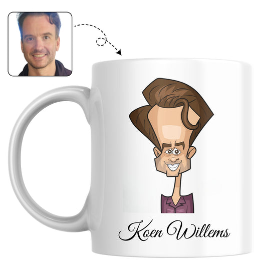 Mok voor de liefste jonge papa, bedrukt met een persoonlijke karikatuur van hem en zijn gezin.