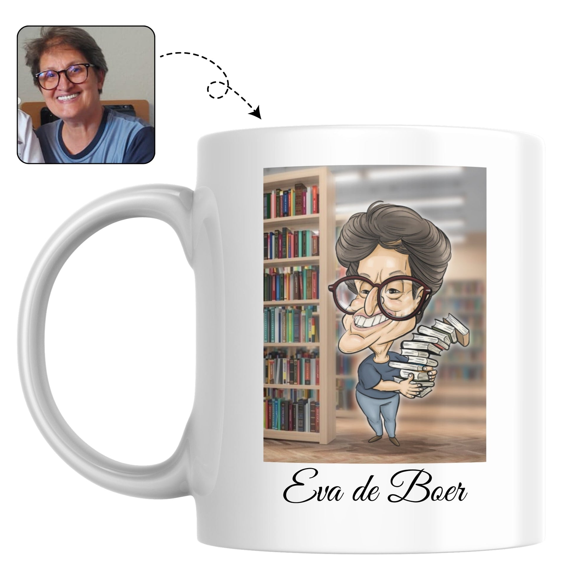 Mok voor de fervente lezer, bedrukt met een karaktervolle karikatuur van een bibliothecaresse.