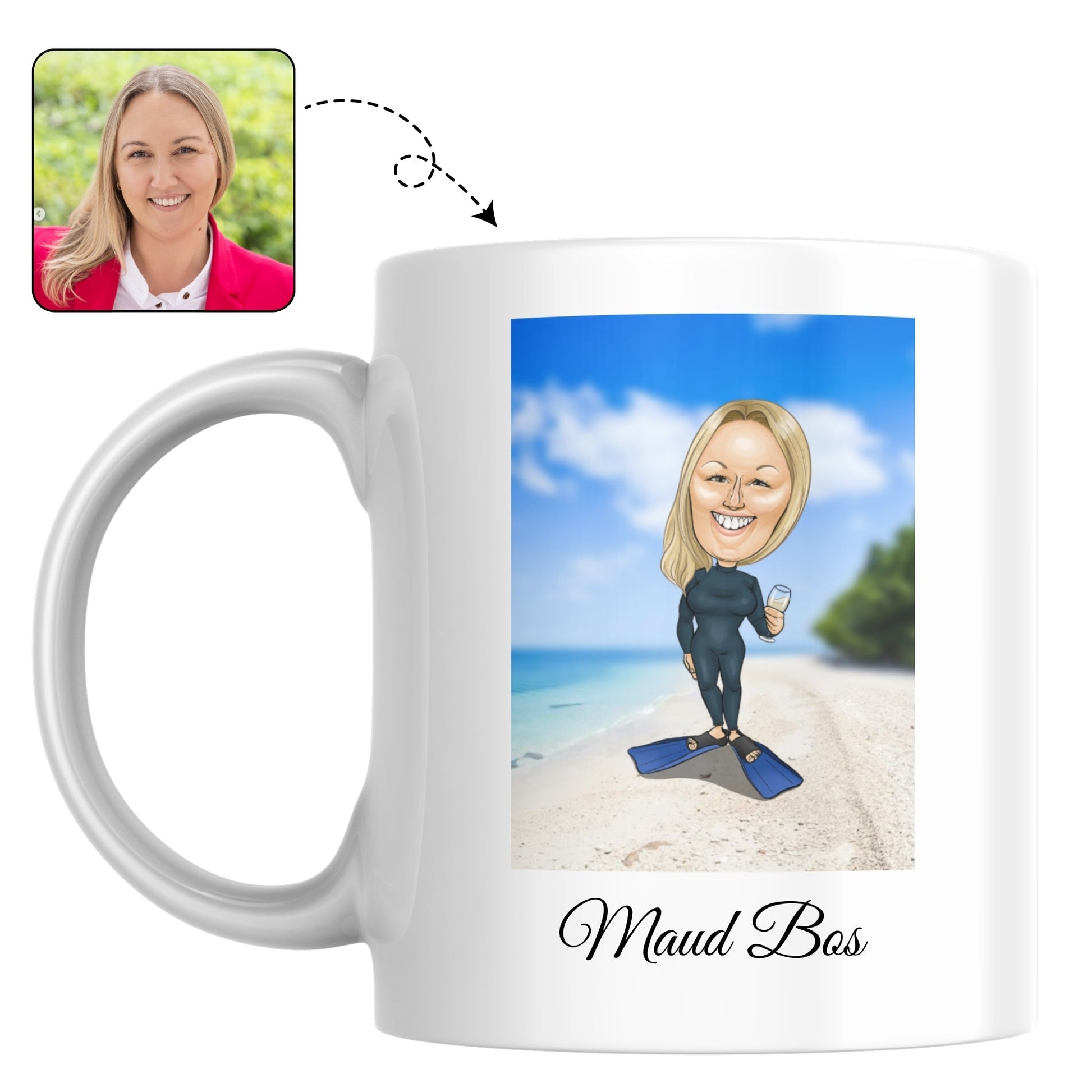 Mok met een vrolijke karikatuur van een zwemster, een perfect aandenken aan een strandvakantie.