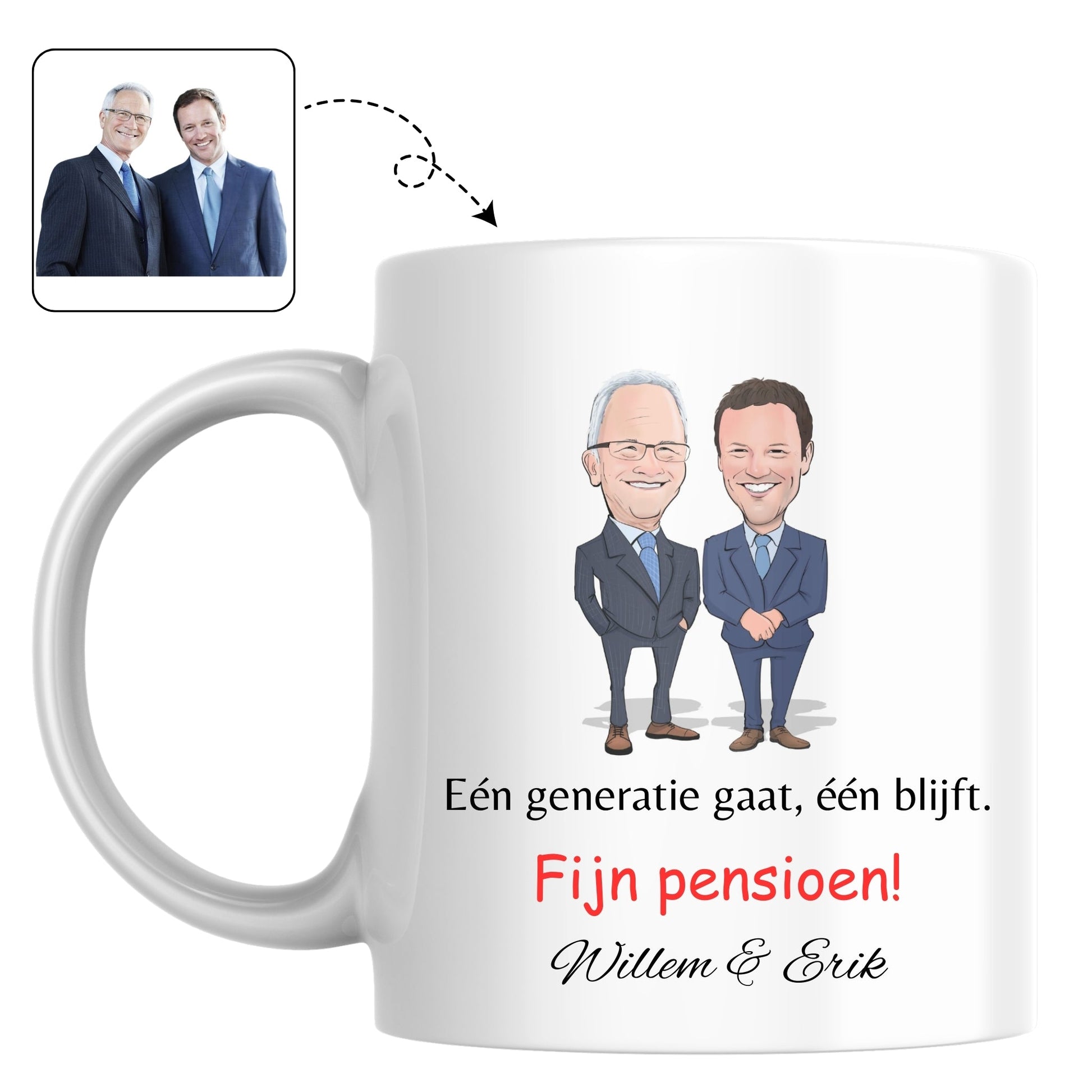 Mok met een tekening die de overdracht tussen twee generaties collega's symboliseert, een perfect afscheidscadeau.