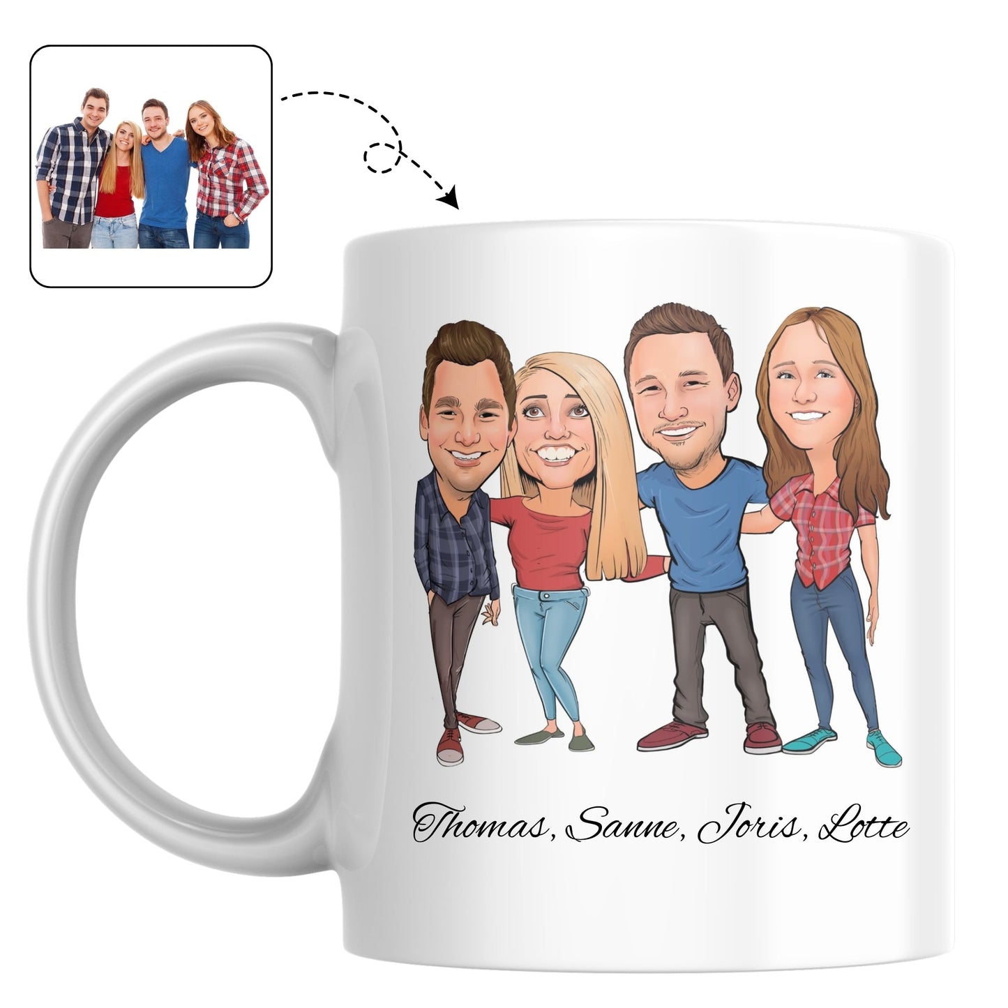 Koffiemok met een vrolijke tekening van een vriendengroep, een aandenken aan de studententijd.