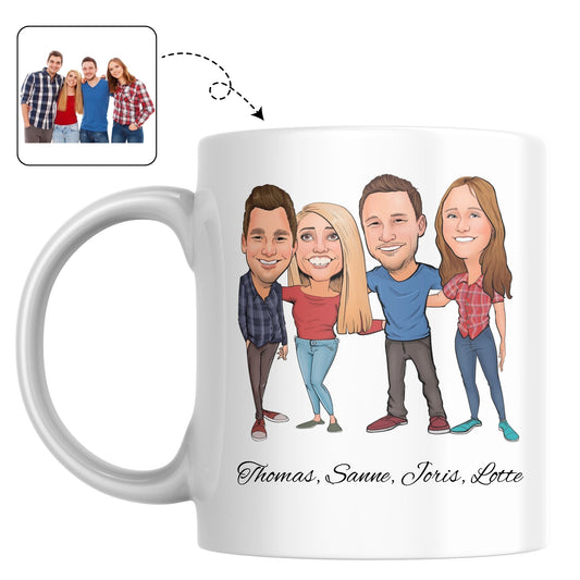 Koffiemok met een vrolijke tekening van een vriendengroep, een aandenken aan de studententijd.