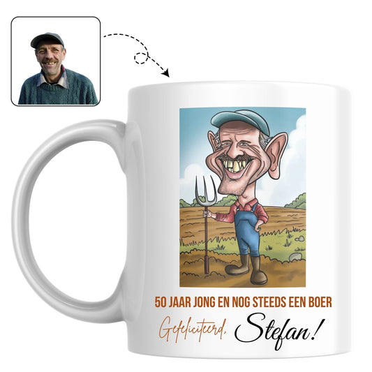 Stevige mok voor de 50-jarige boer, bedrukt met een persoonlijke karikatuur als Abraham cadeau.