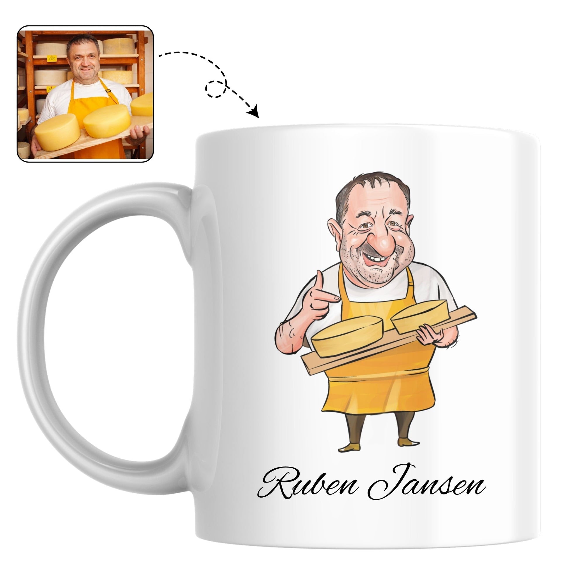 Mok met een vrolijke tekening van een kaasboer, een perfect cadeau voor de opening van een kaaswinkel.