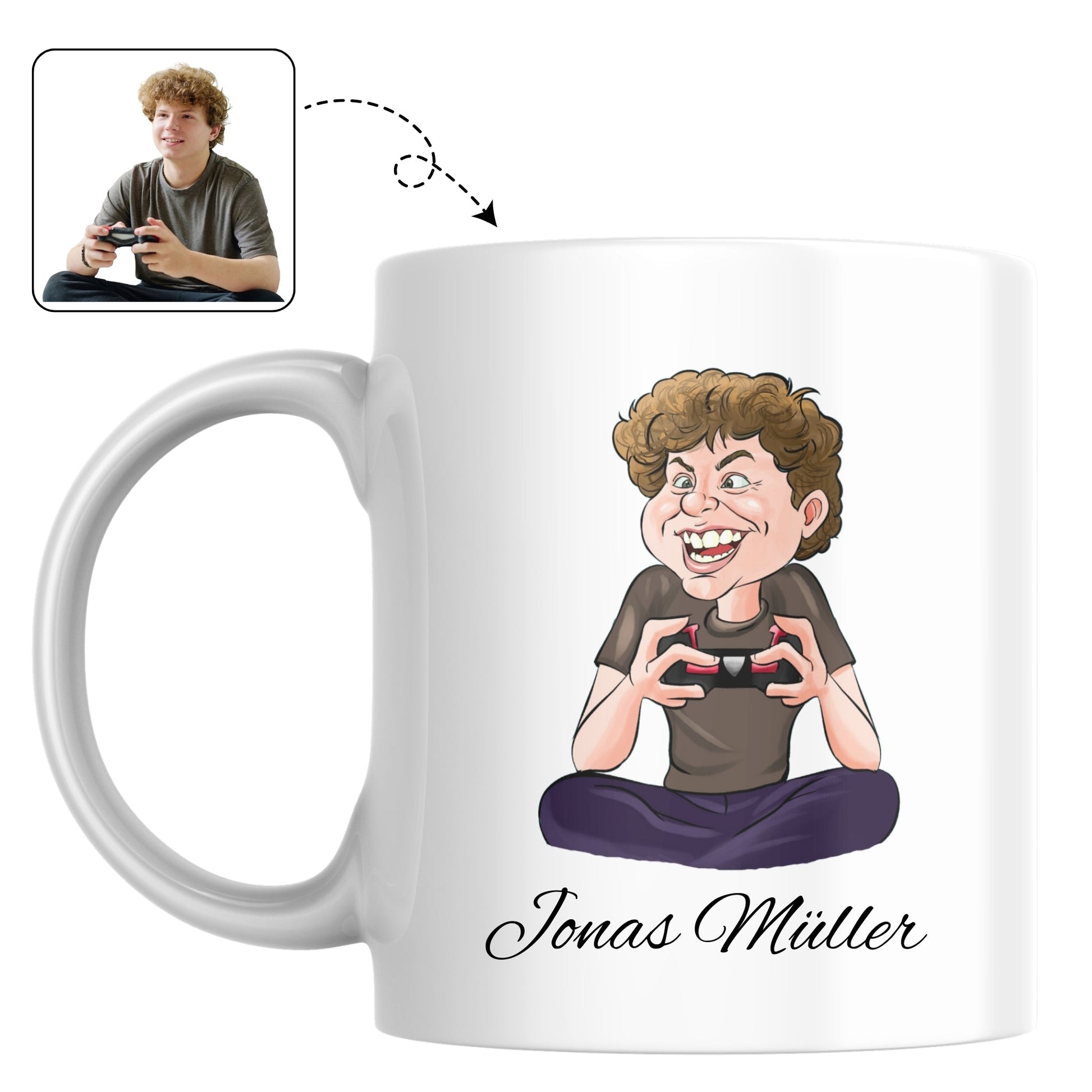 Stoere mok voor in de kinderkamer, bedrukt met een karikatuur van een gamend kind.