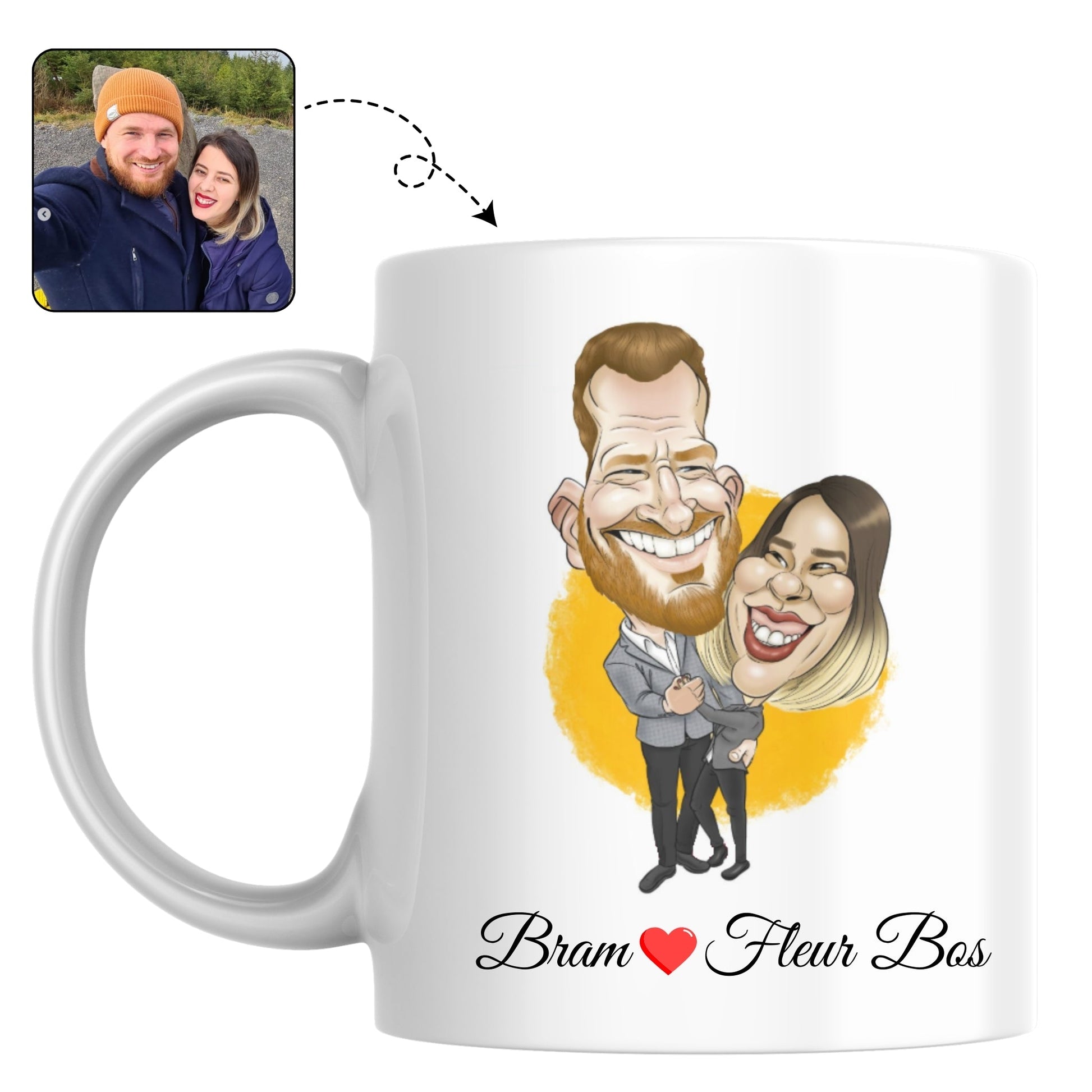 Set van twee bijpassende mokken met een lieve karikatuur, een perfect cadeau voor een jubileum of Valentijnsdag.