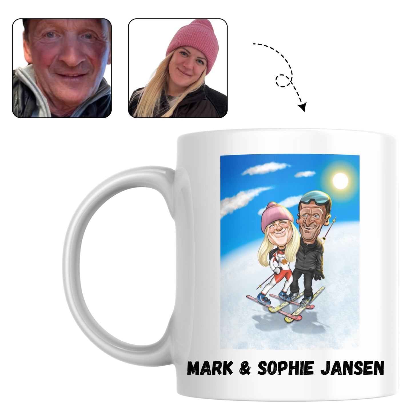 Set mokken voor vader en dochter, bedrukt met een karikatuur van hun avontuur in de sneeuw.