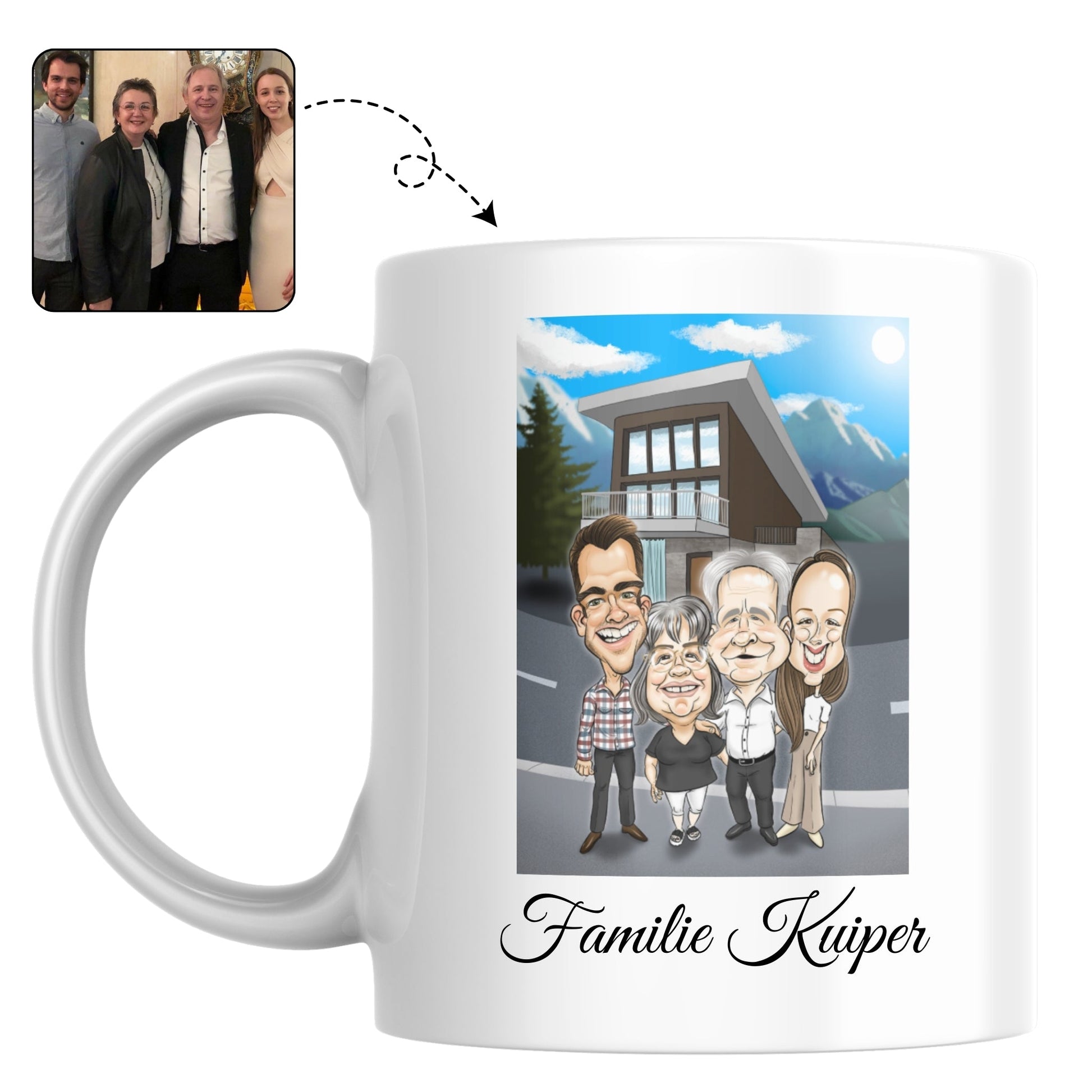 Set mokken met een vrolijk familieportret van vader, moeder, zoon en dochter.