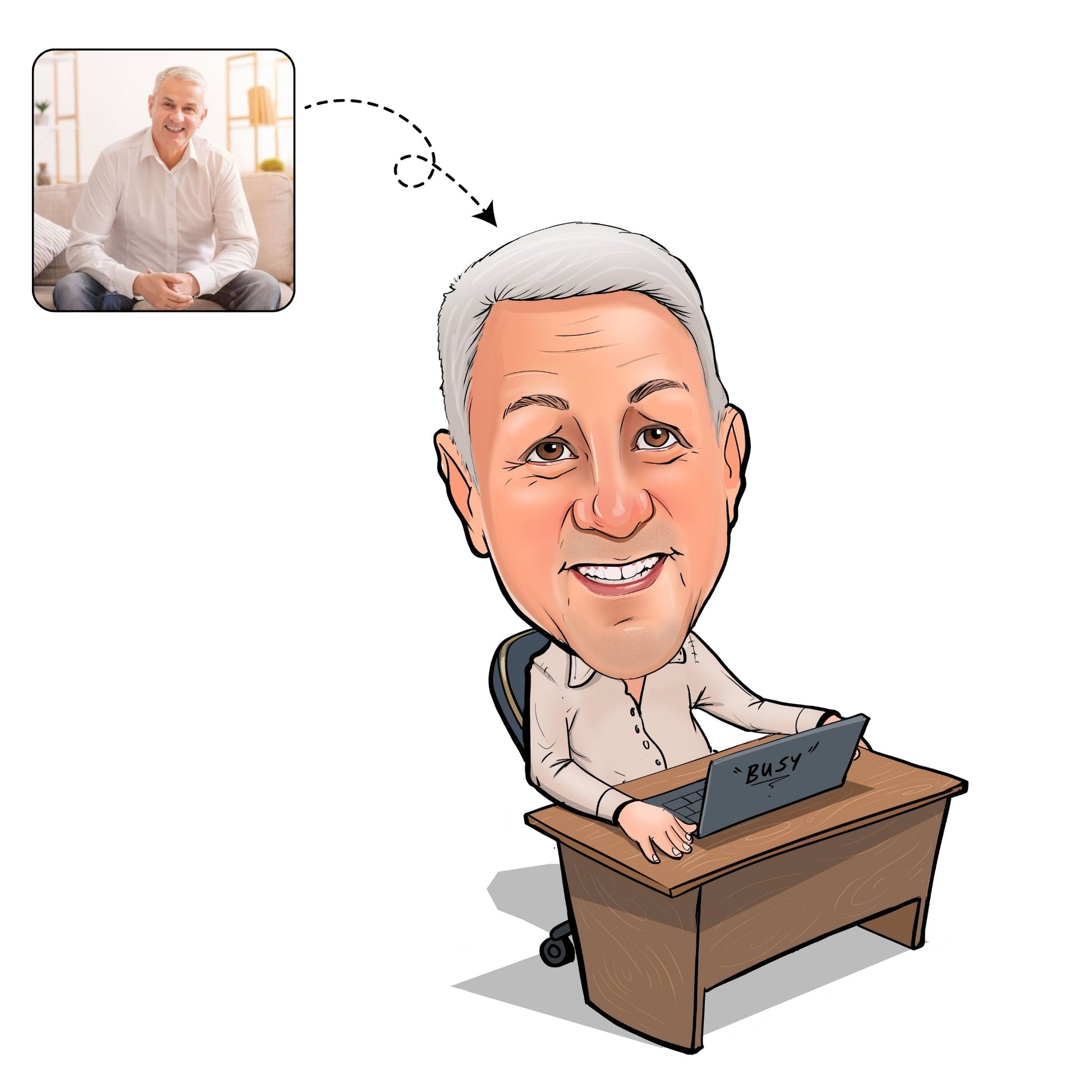 Handgetekende, humoristische karikatuur van een collega op de werkplek, een uniek cadeau voor een jubileum of afscheid.