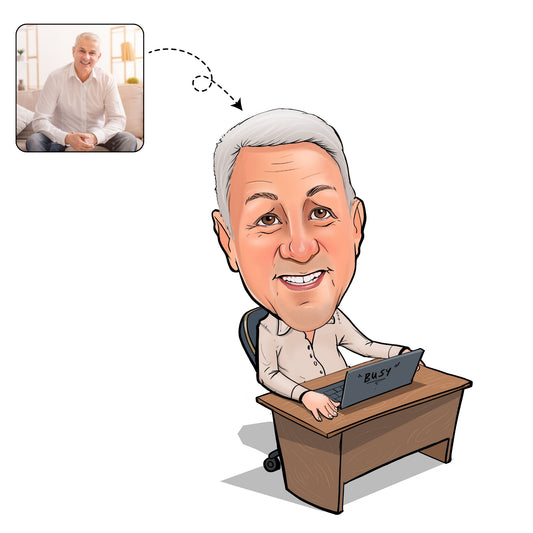 Handgetekende, humoristische karikatuur van een collega op de werkplek, een uniek cadeau voor een jubileum of afscheid.