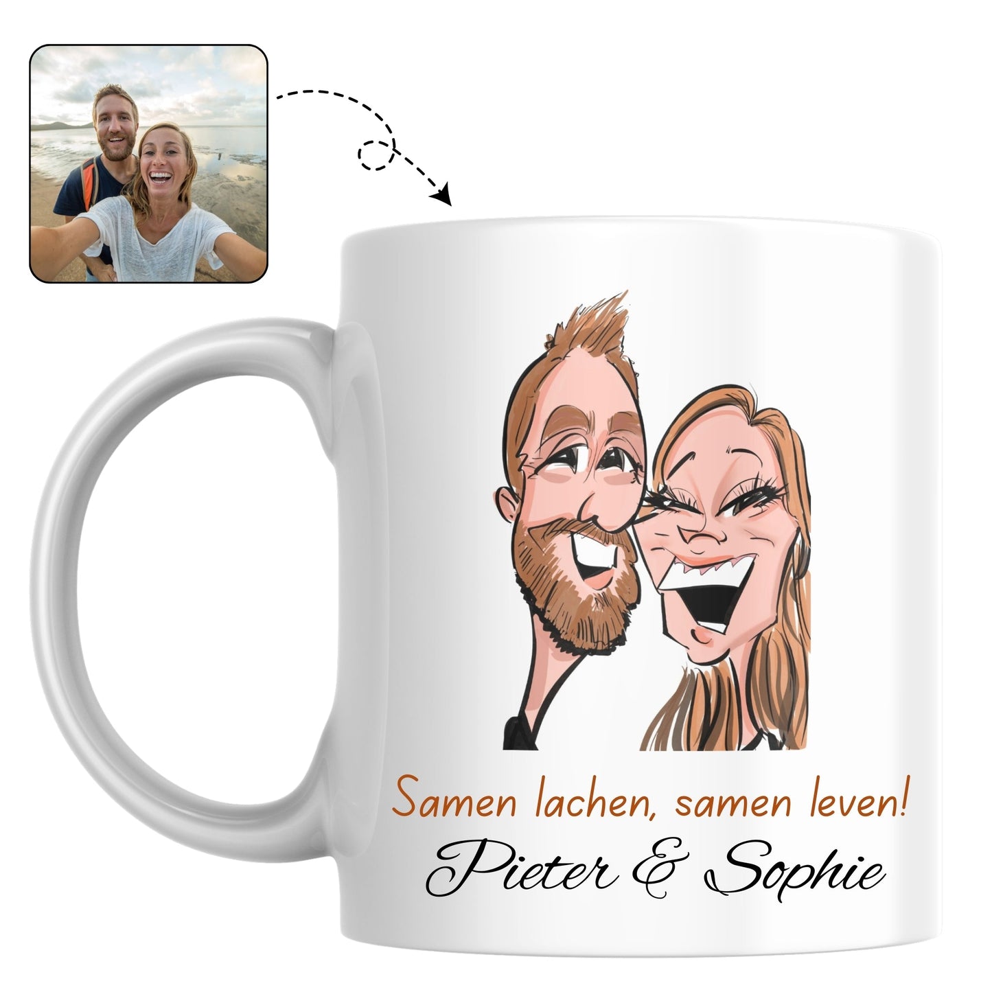 Twee bijpassende mokken met een vrolijke tekening van een lachend stel, een cadeau dat liefde uitstraalt.