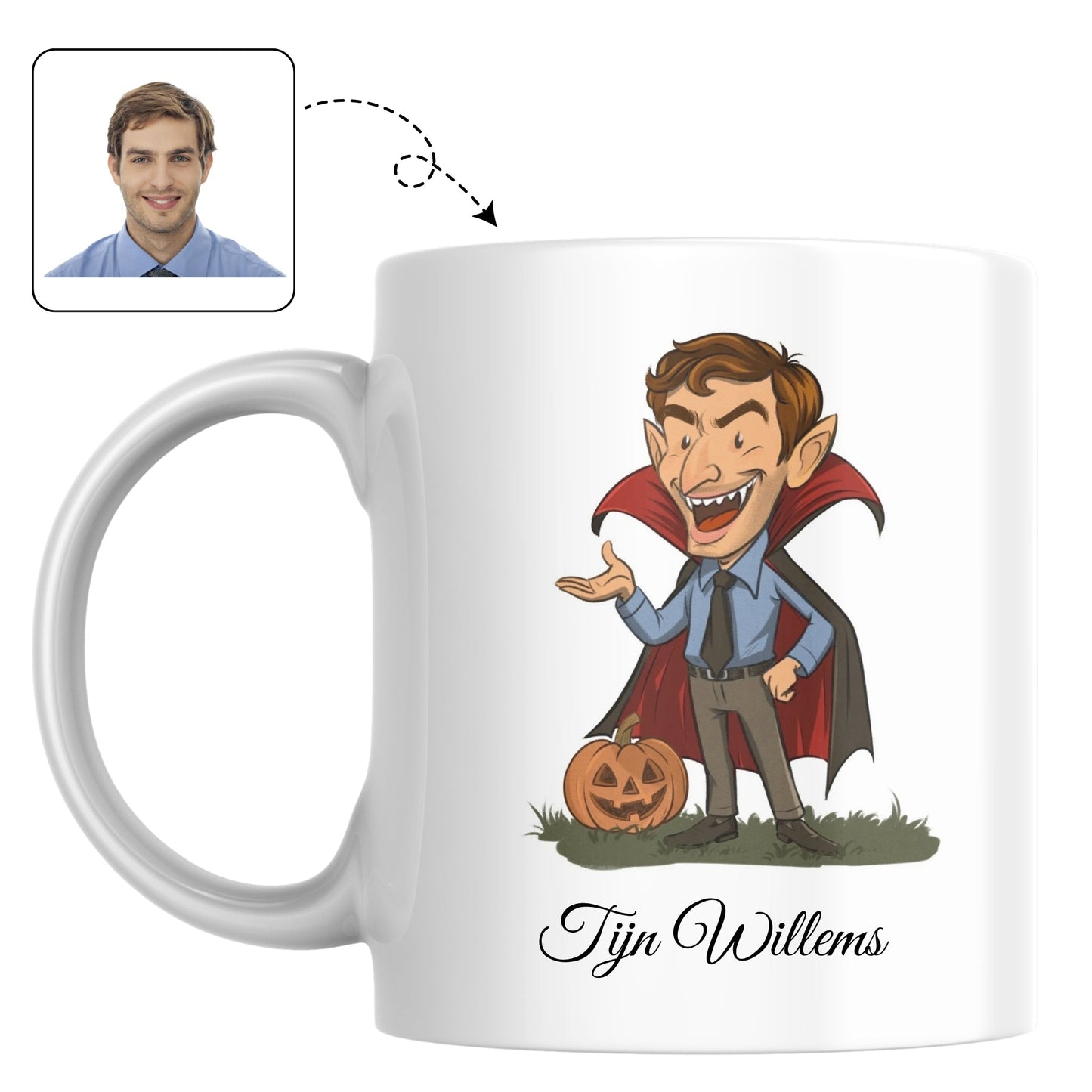 Mok voor het halloweenseizoen, bedrukt met een 'leuk-griezelige' persoonlijke karikatuur.