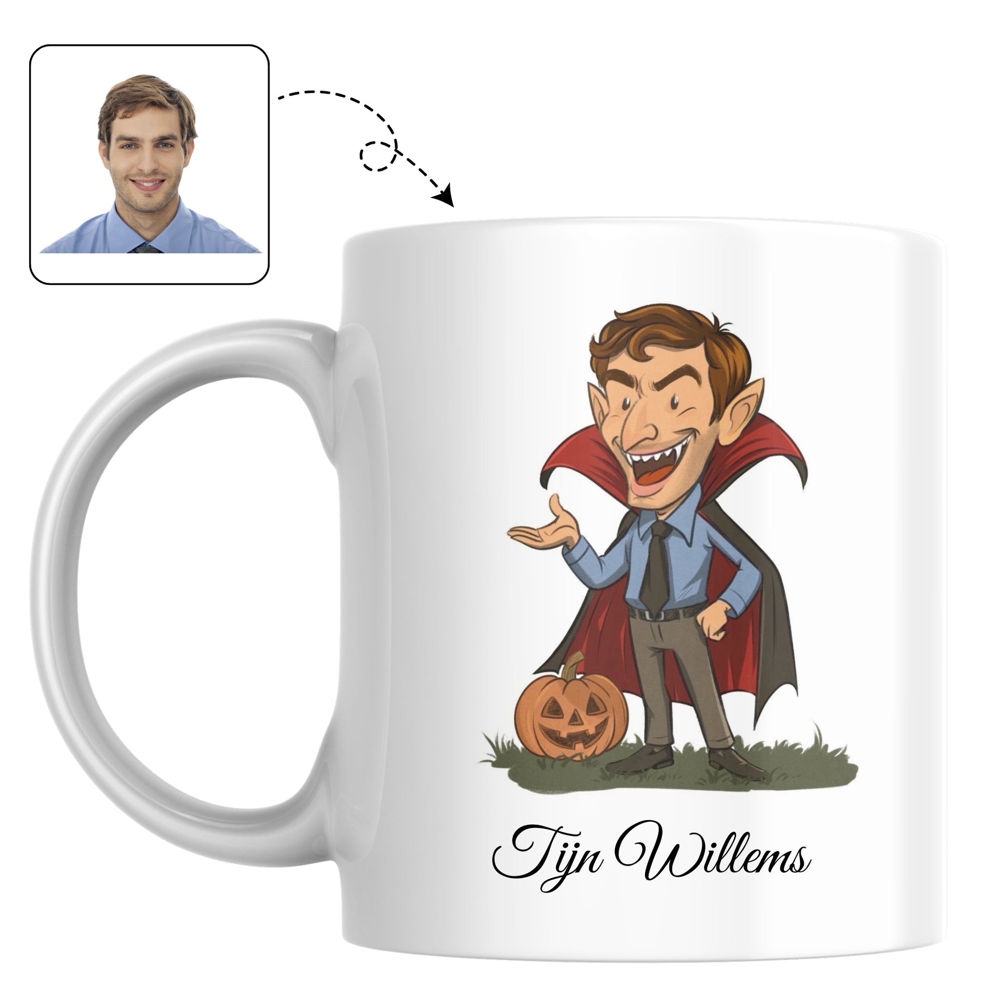 Mok voor het halloweenseizoen, bedrukt met een 'leuk-griezelige' persoonlijke karikatuur.