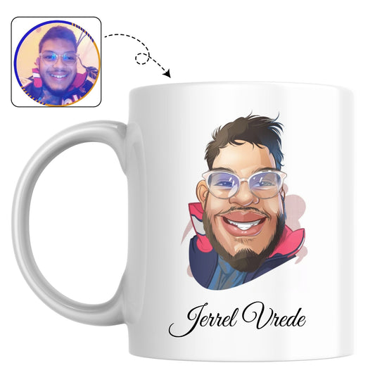 Mok bedrukt met een unieke karikatuur van een vriend, broer of zoon, een perfect cadeau voor hem.