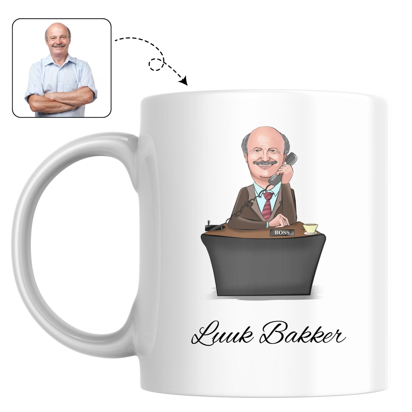 Bureau-mok met een persoonlijke karikatuur, een origineel cadeau voor een collega die promotie maakt.